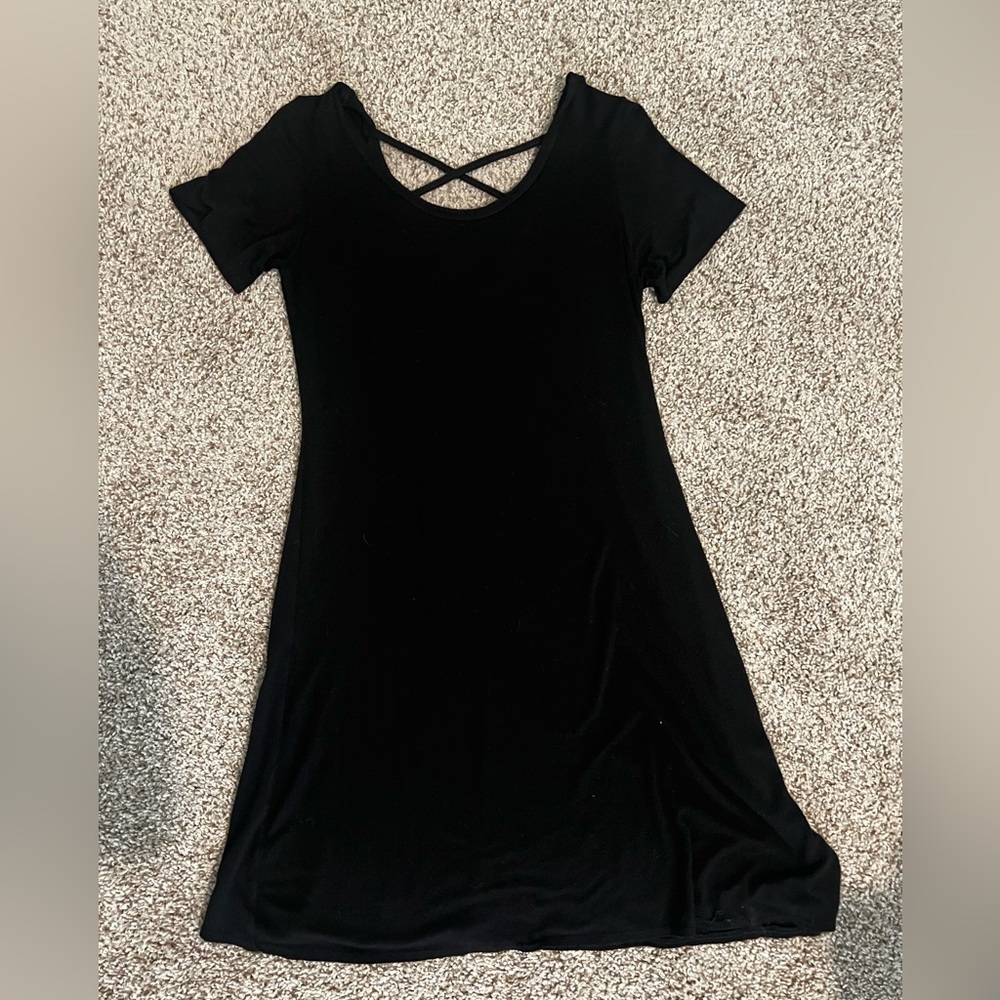 Black Cross-Back Detail Short Sleeve Cotton Dress